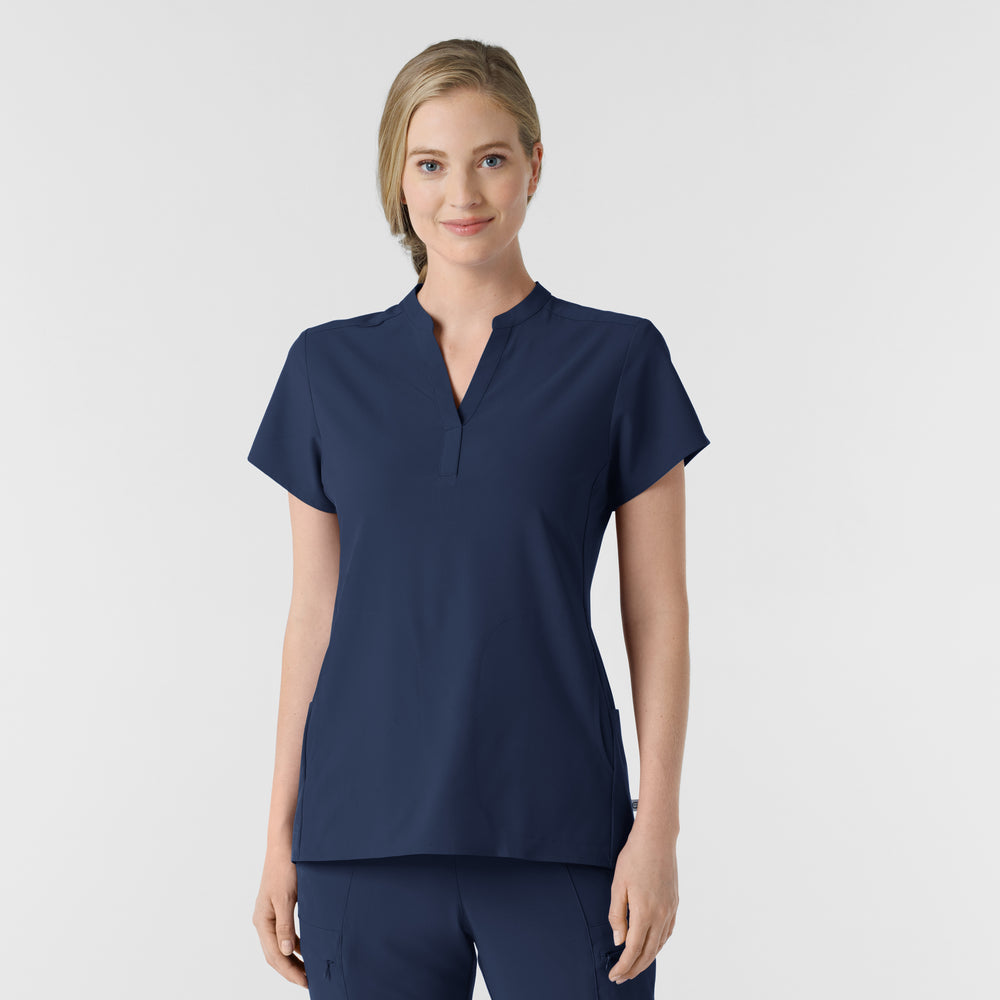 RENEW 6734 Mandarin Collar Scrub Top Navy Model Image Front | Wink