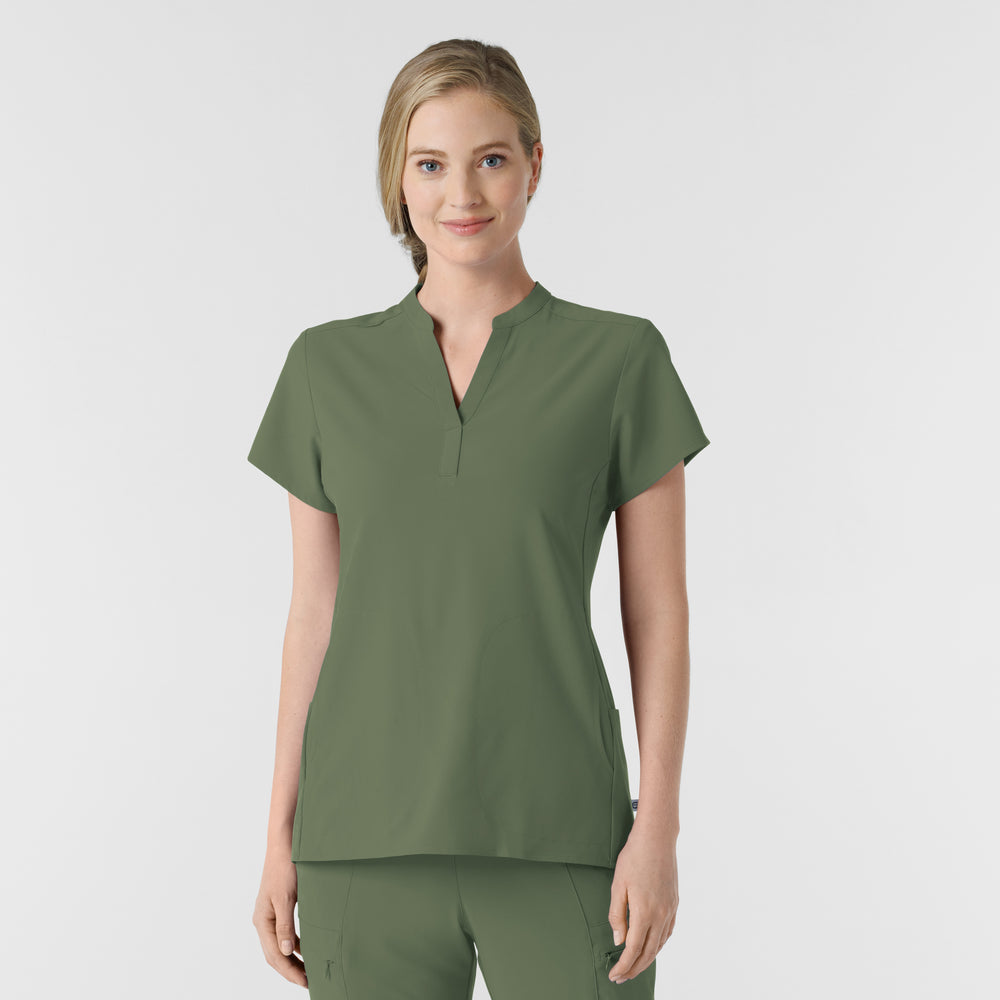 RENEW 6734 Mandarin Collar Scrub Top Olive Model Image Front | Wink