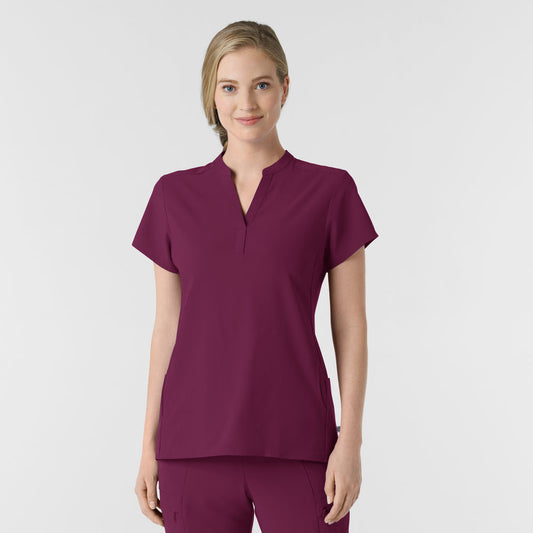 RENEW 6734 Mandarin Collar Scrub Top Wine Model Image Front | Wink