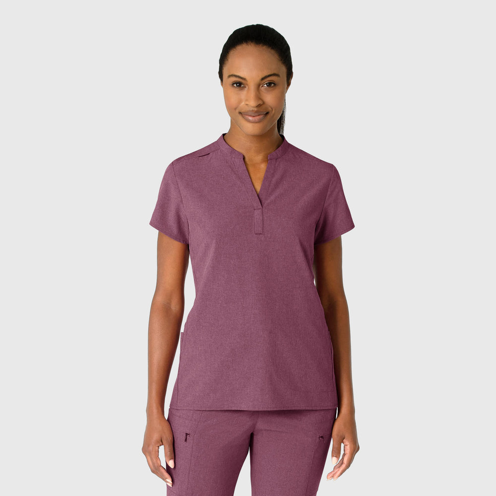 RENEW 6734 Mandarin Collar Scrub Top Wine Heather Model Image Front | Wink