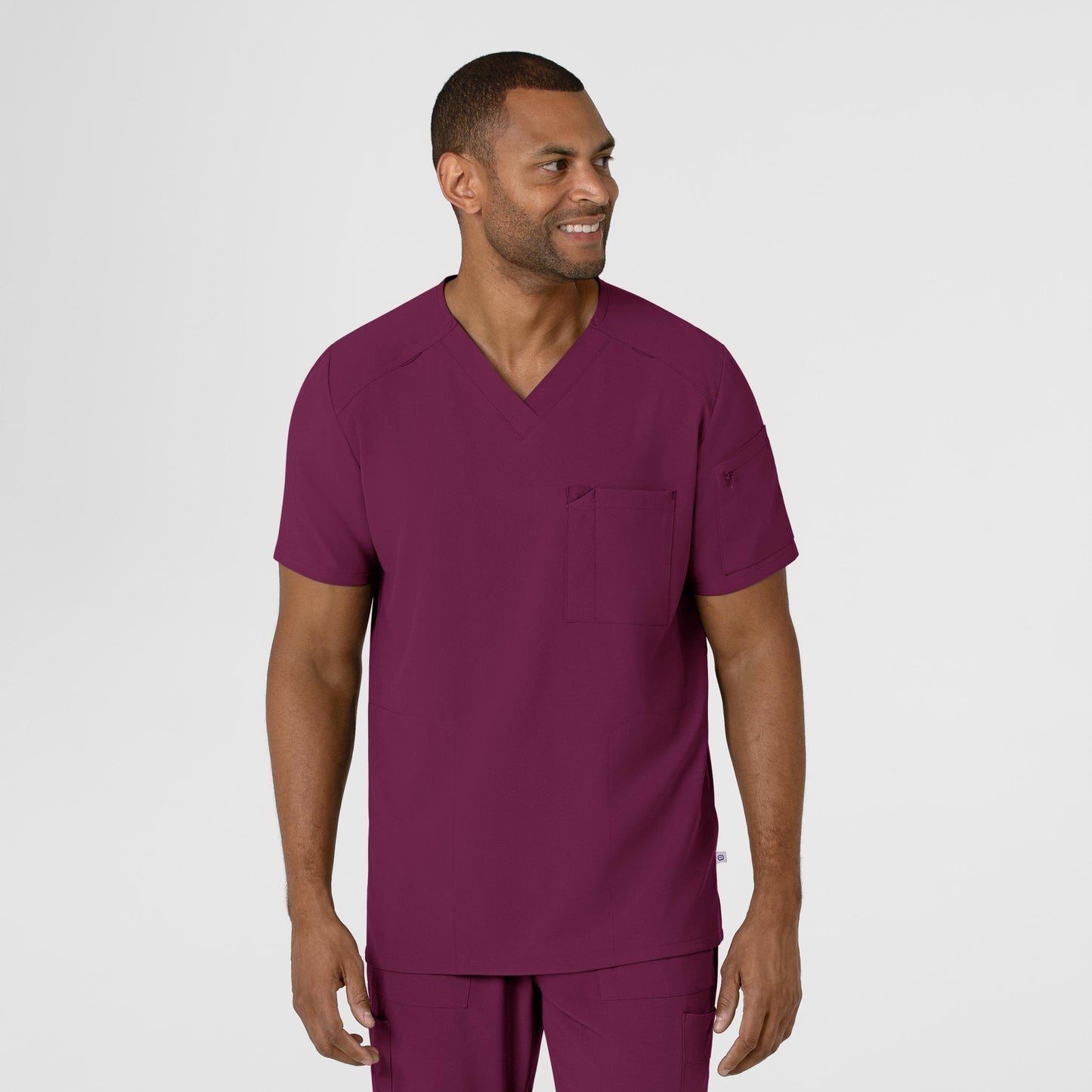 RENEW 6834 Men's V-Neck 5 Pocket Scrub Top Wine Model Image Front | Wink