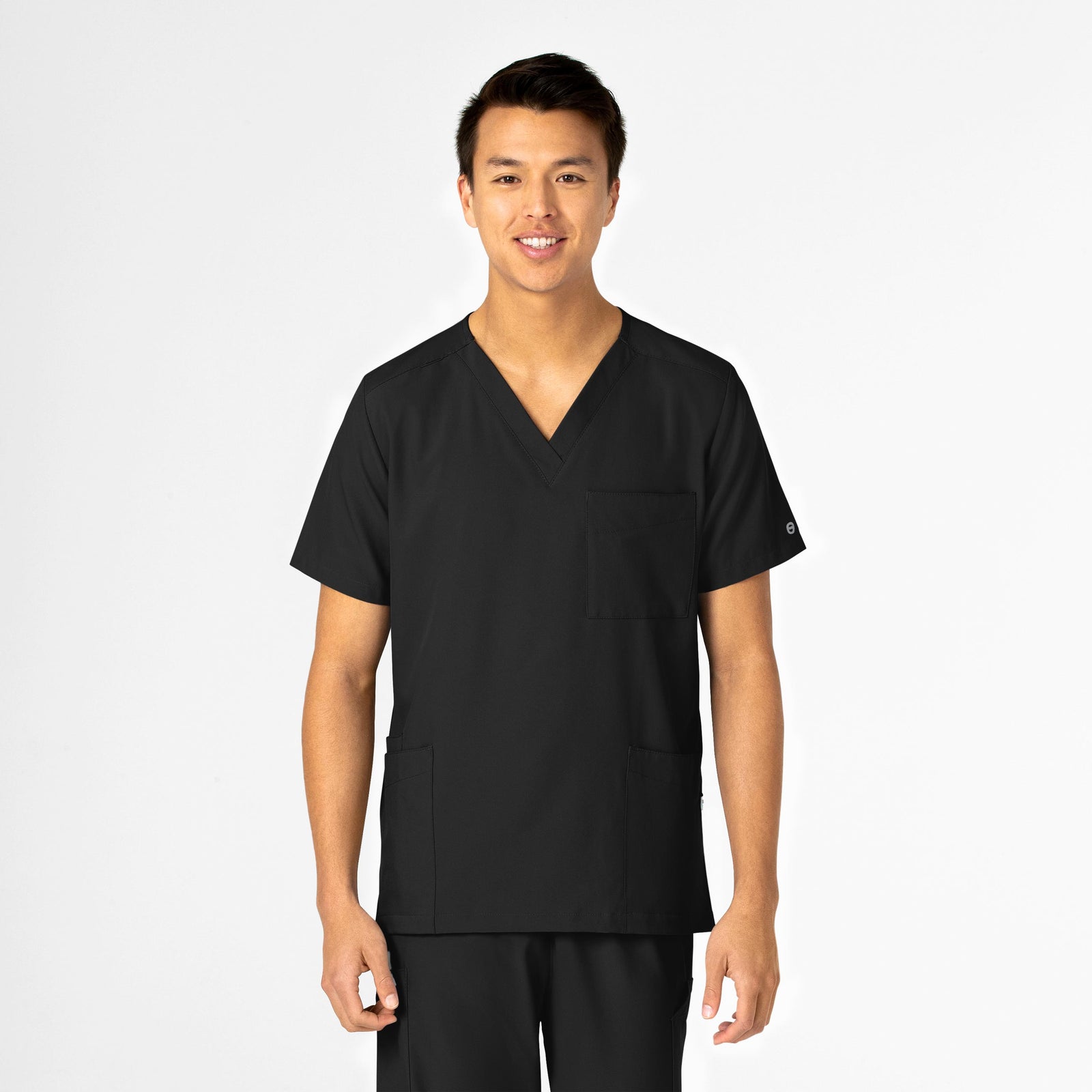 W123 6855 Unisex 4 Pocket Utility Scrub Top Black Model Image Front | Wink