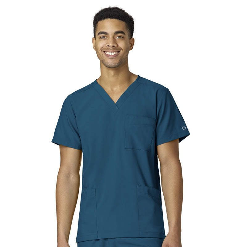 W123 6855 Unisex 4 Pocket Utility Scrub Top Caribbean Blue Model Image Front | Wink