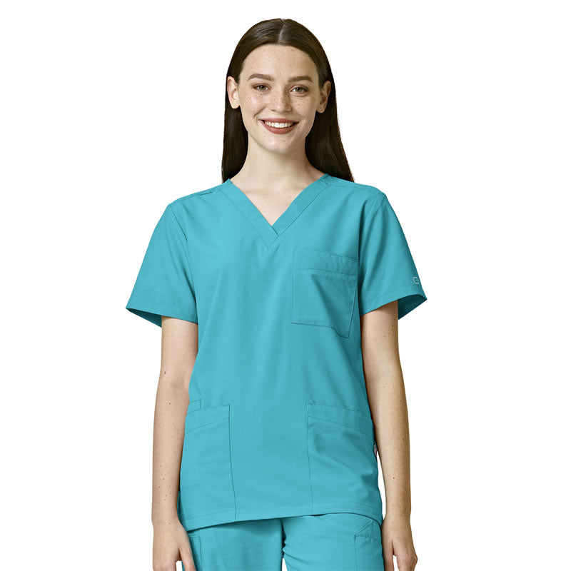 W123 6855 Unisex 4 Pocket Utility Scrub Top Teal Blue Model Image Front | Wink