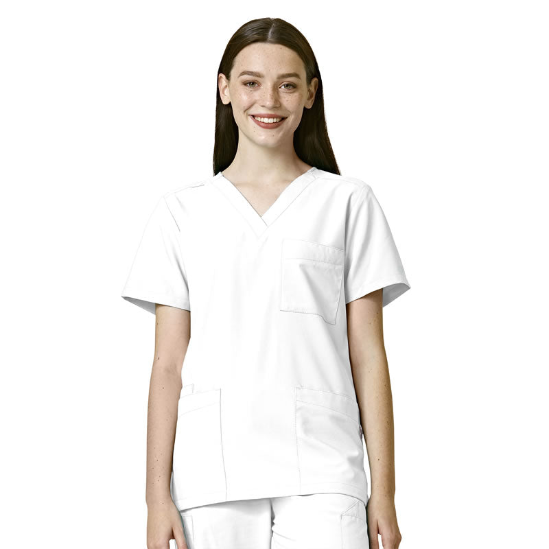 W123 6855 Unisex 4 Pocket Utility Scrub Top White Model Image Front | Wink