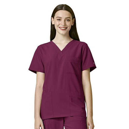 W123 6855 Unisex 4 Pocket Utility Scrub Top Wine Model Image Front | Wink