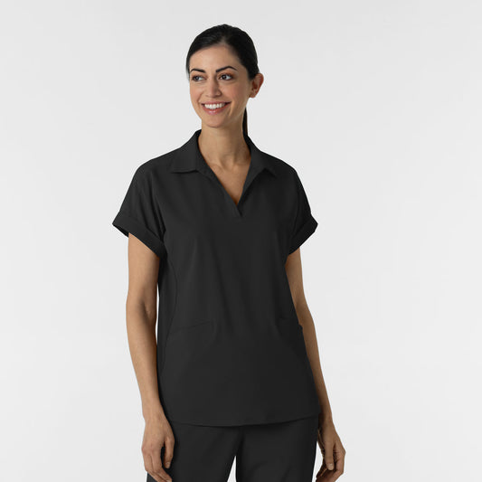 RENEW 6934 Women’s Flex-n-Reach Collared Scrub Top Black Model Image Front | Wink