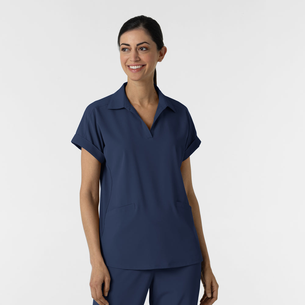 RENEW 6934 Women’s Flex-n-Reach Collared Scrub Top Navy Model Image Front | Wink