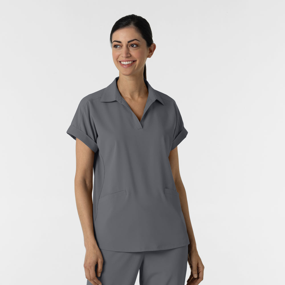 RENEW 6934 Women’s Flex-n-Reach Collared Scrub Top Pewter Model Image Front | Wink