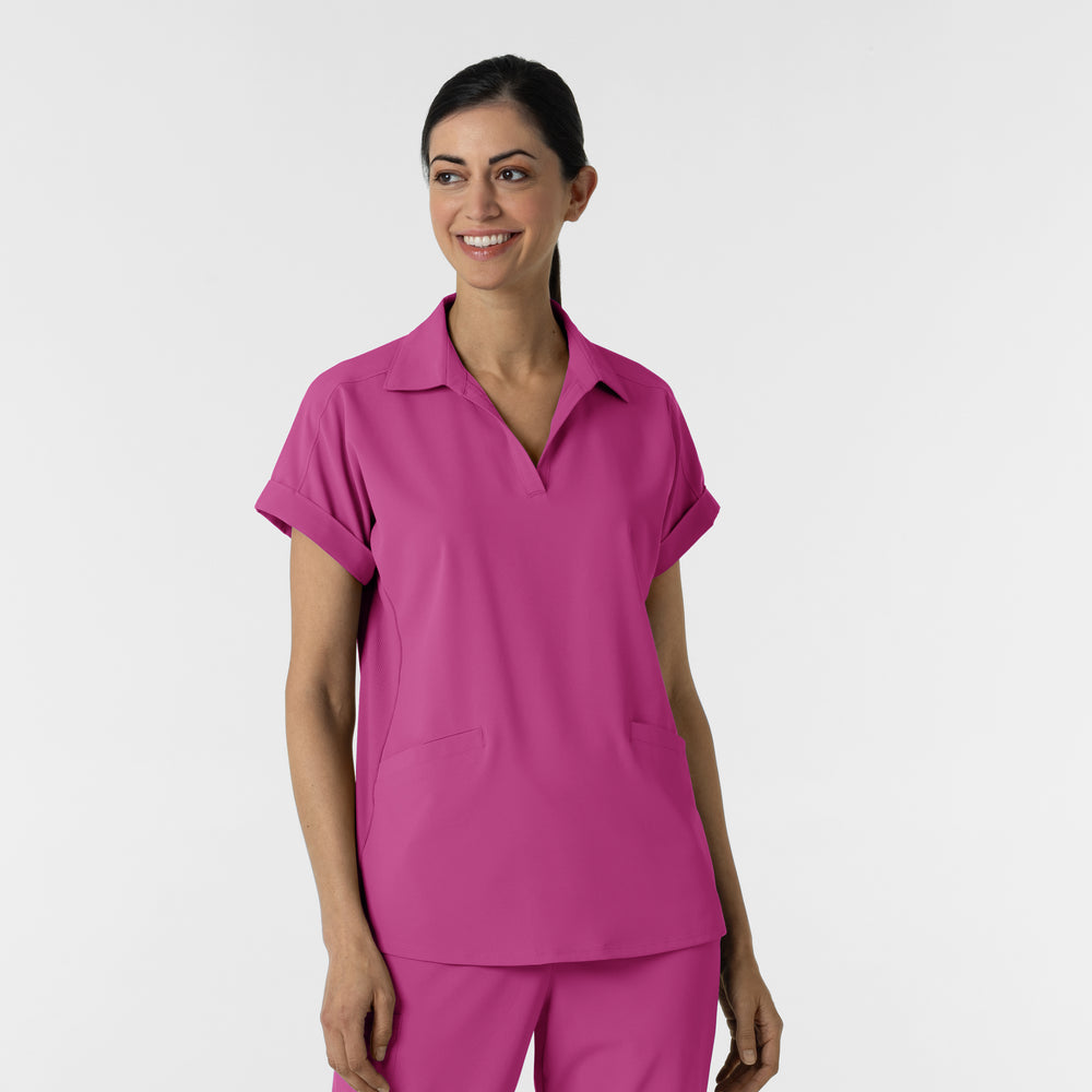 RENEW 6934 Women’s Flex-n-Reach Collared Scrub Top Raspberry Model Image Front | Wink