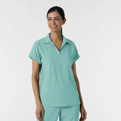 RENEW 6934 Women’s Flex-n-Reach Collared Scrub Top Turquoise Model Image Front | Wink