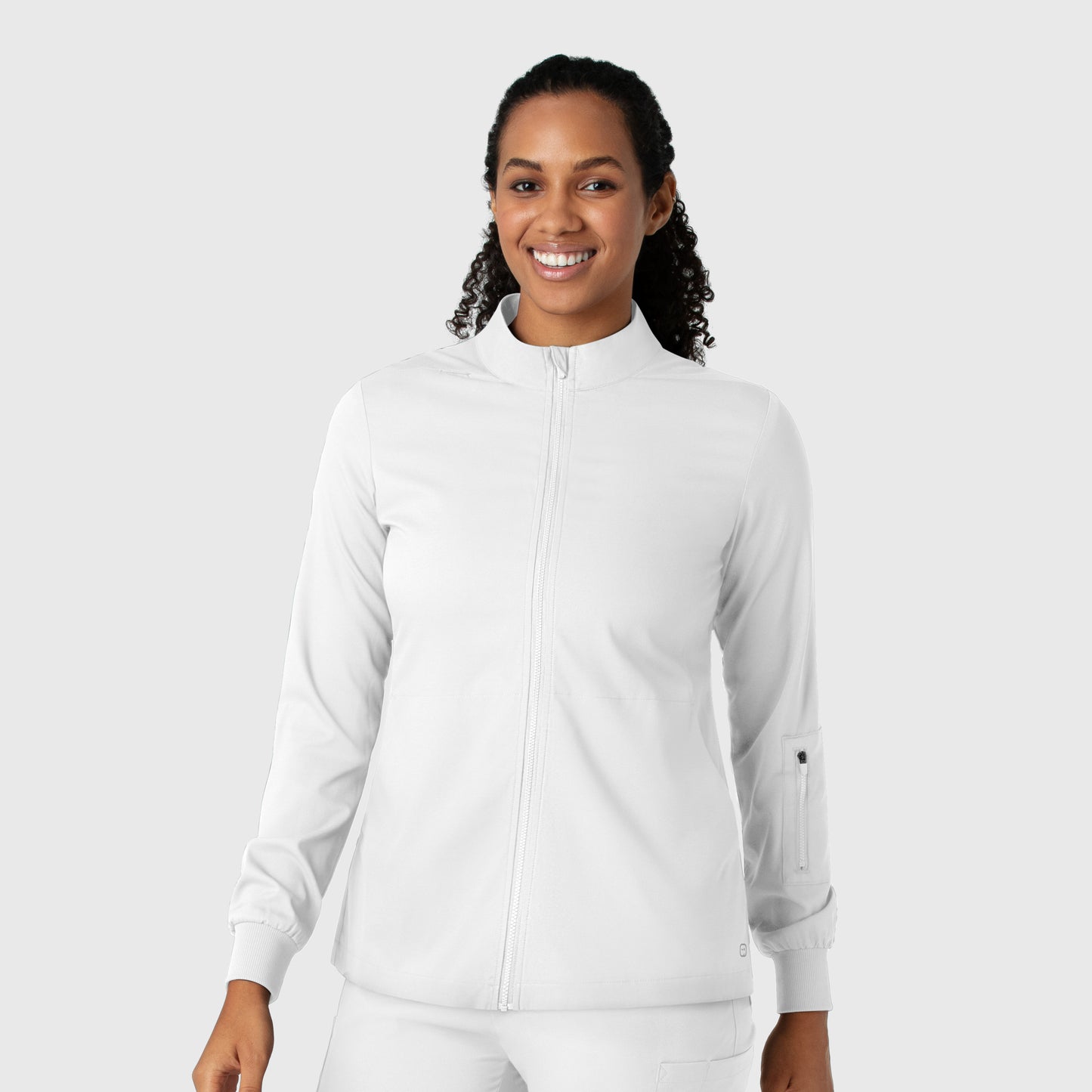 Boundless 8151 Warm Up Scrub Jacket White Model Image Front | Wink