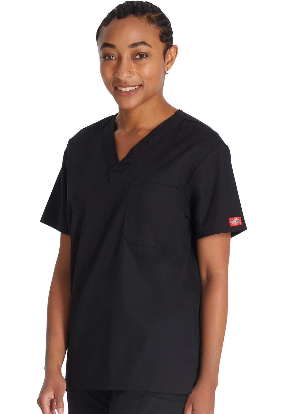 EDS Signature 83706 Unisex Tuckable V-Neck Top Black Model Image Right Side | Dickies