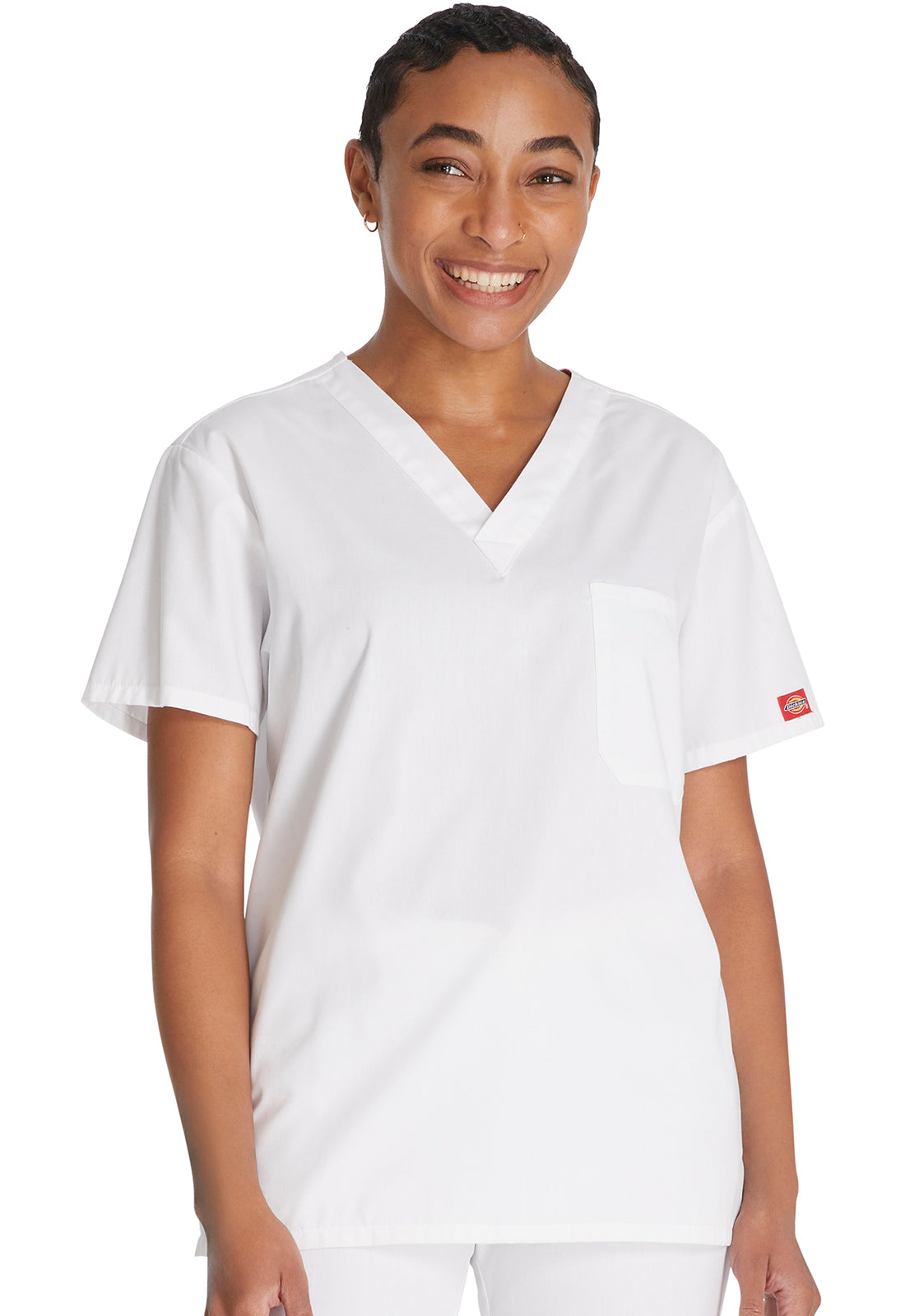 EDS Signature 83706 Unisex Tuckable V-Neck Top White Model Image Front | Dickies