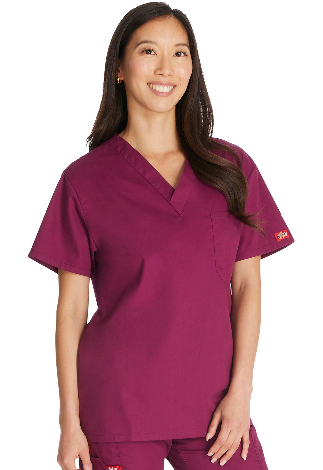 EDS Signature 83706 Unisex Tuckable V-Neck Top Wine Model Image Left Side | Dickies