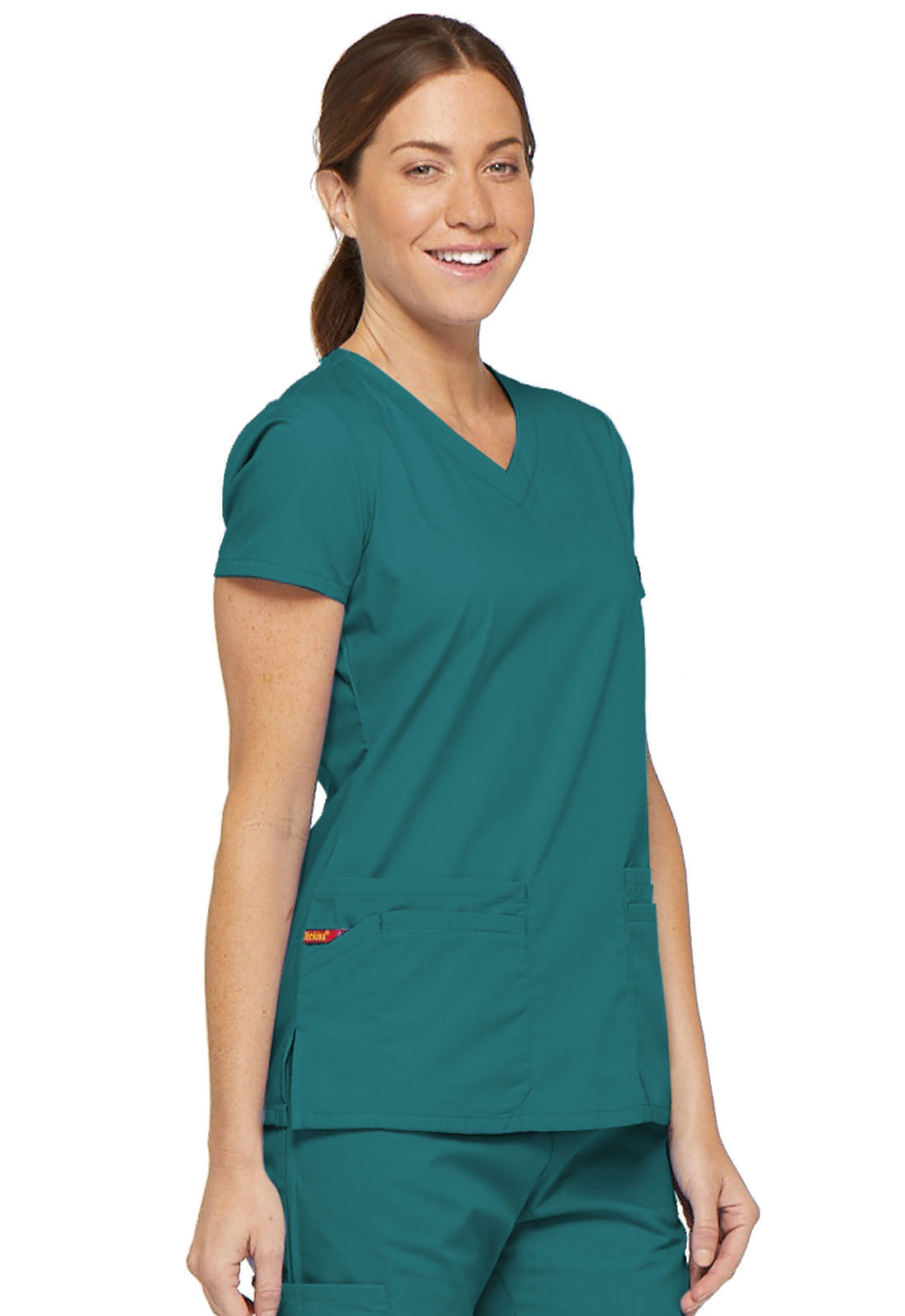 EDS Signature 85906 V-Neck Top Teal Blue Model Image Left Side | Dickies