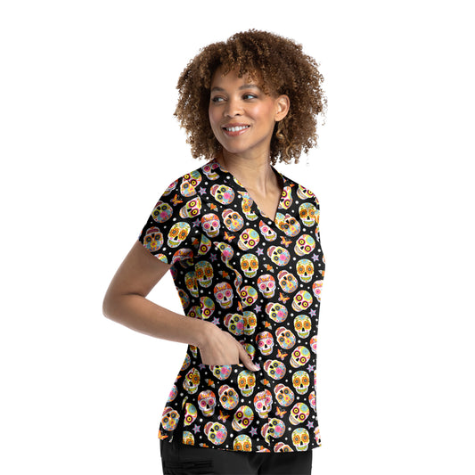 Prints 9810 V-Neck Print Top Sugar Skull Dreams