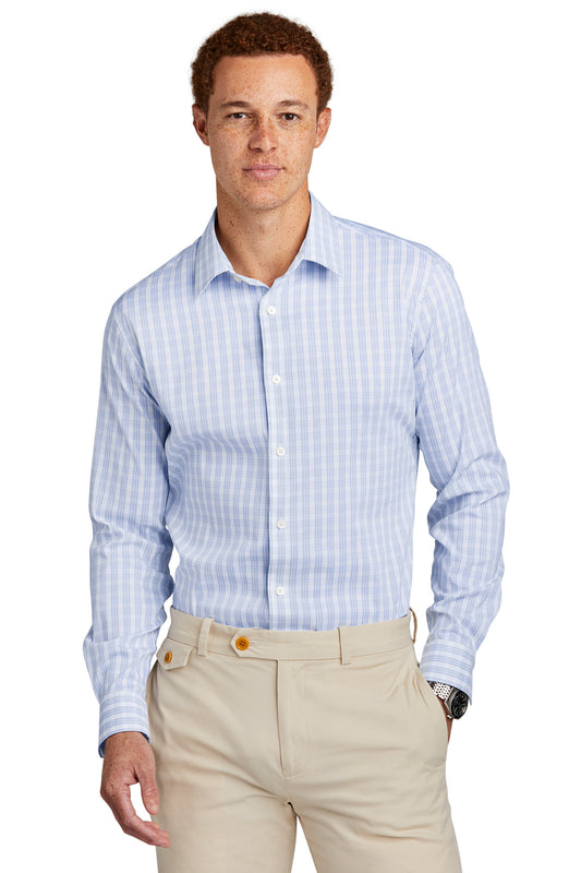 Brooks Brothers Tech Stretch Patterned Shirt BB18006 White/ Newport Blue Grid Check