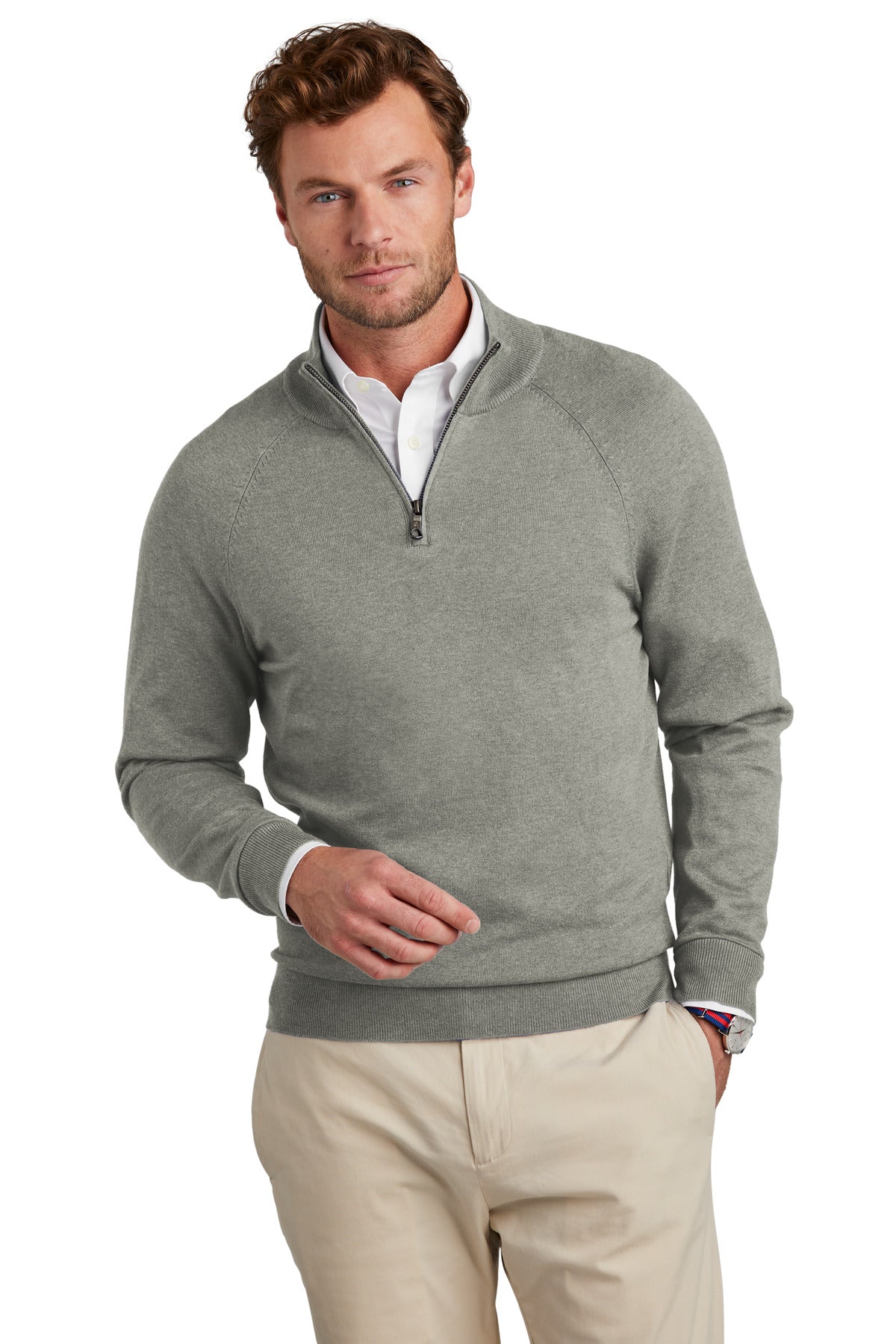 Brooks Brothers Cotton Stretch 1/4-Zip Sweater BB18402 Light Shadow Grey Heather