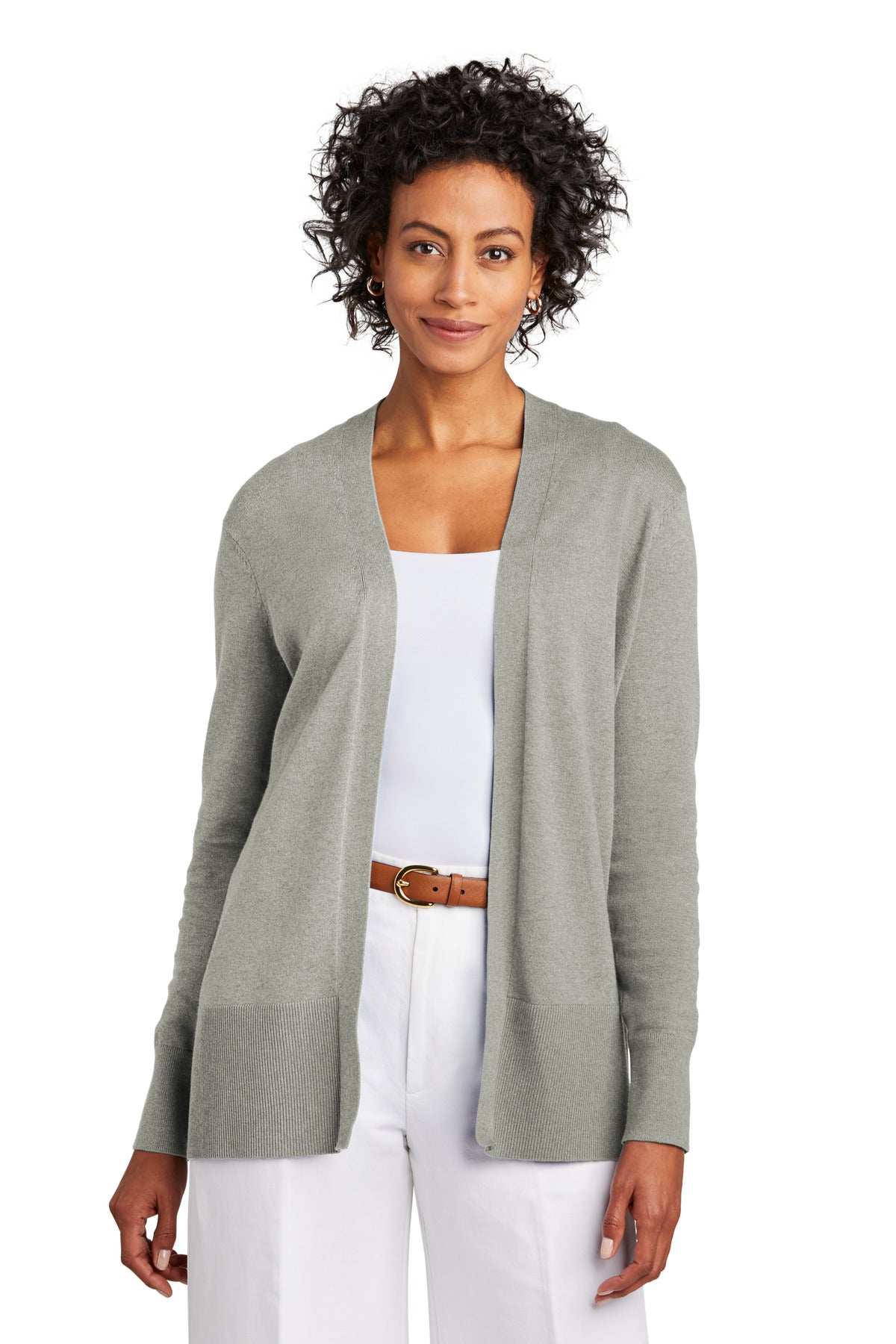 Brooks Brothers Women's Cotton Stretch Long Cardigan Sweater BB18403 Light Shadow Grey Heather