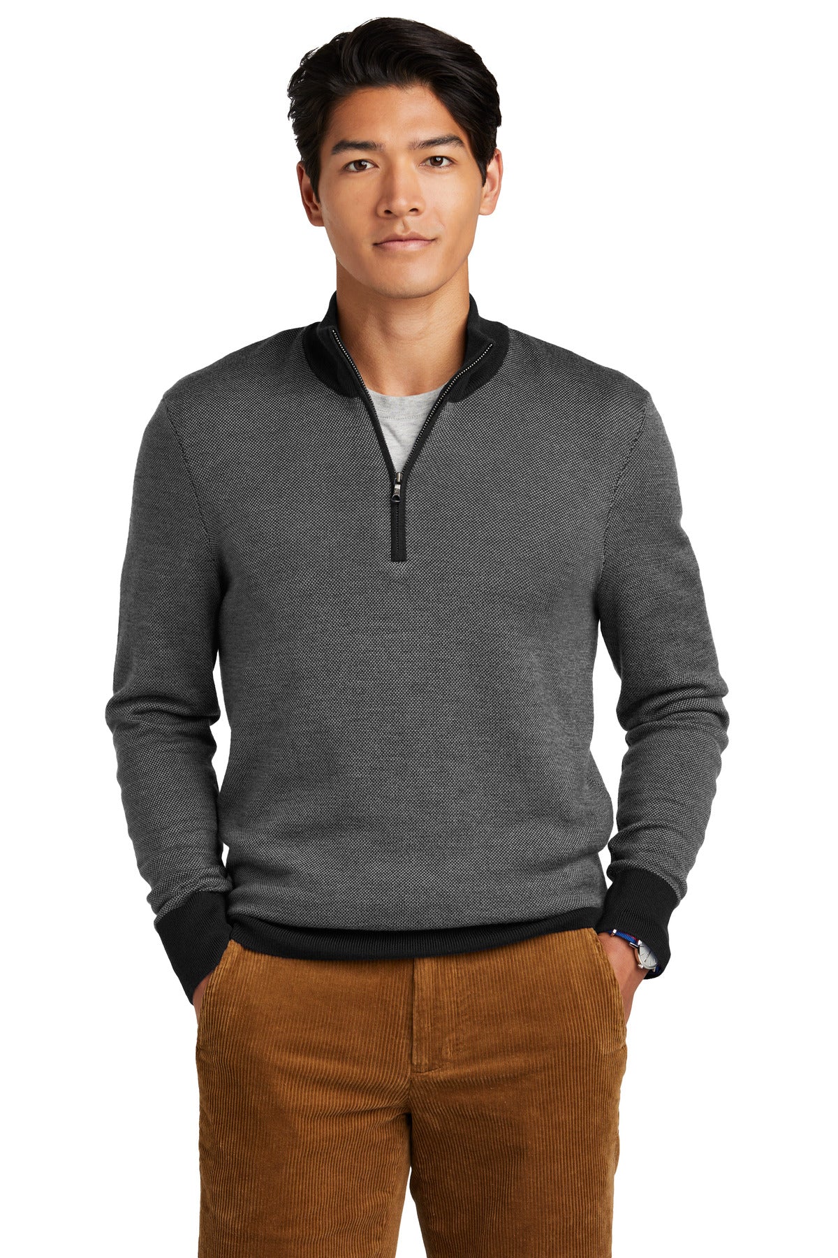 Brooks Brothers Washable Merino Birdseye 1/4-Zip Sweater BB18412 Deep Black/ Shadow Grey