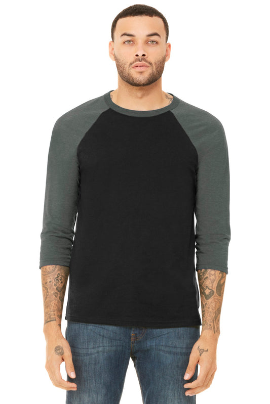 BELLA+CANVAS  Unisex 3/4-Sleeve Baseball Tee. BC3200 Black/ Deep Heather
