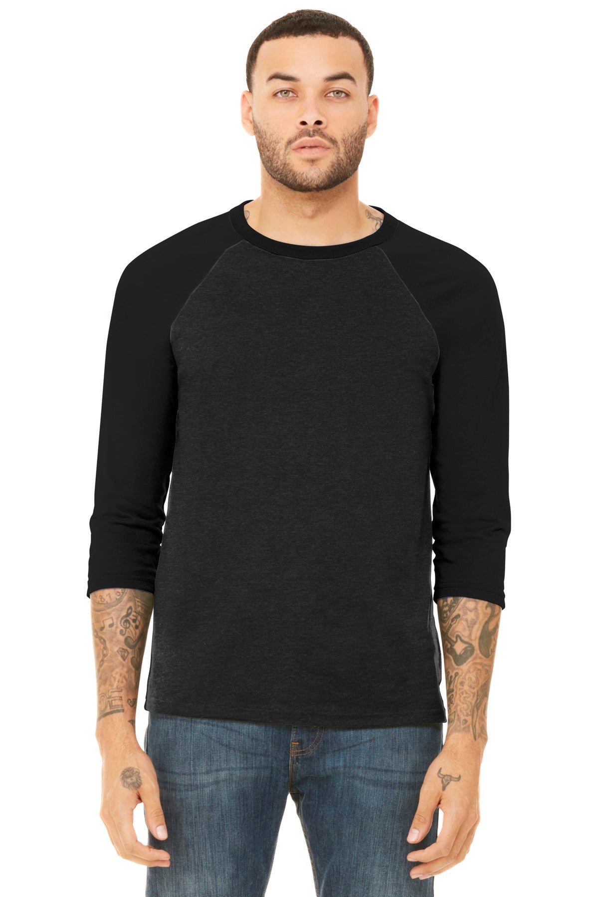 BELLA+CANVAS  Unisex 3/4-Sleeve Baseball Tee. BC3200 Black Heather/ Black