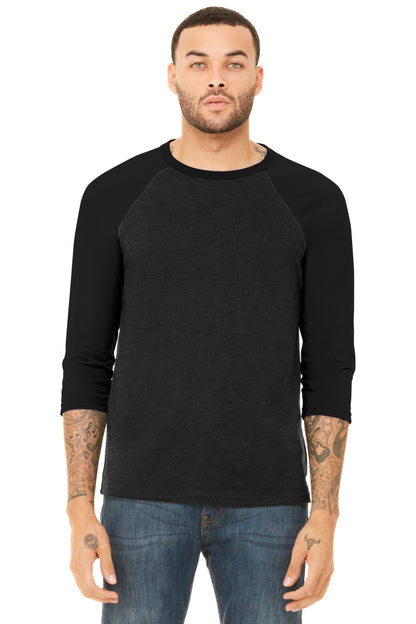 BELLA+CANVAS  Unisex 3/4-Sleeve Baseball Tee. BC3200 Black Heather/ Black