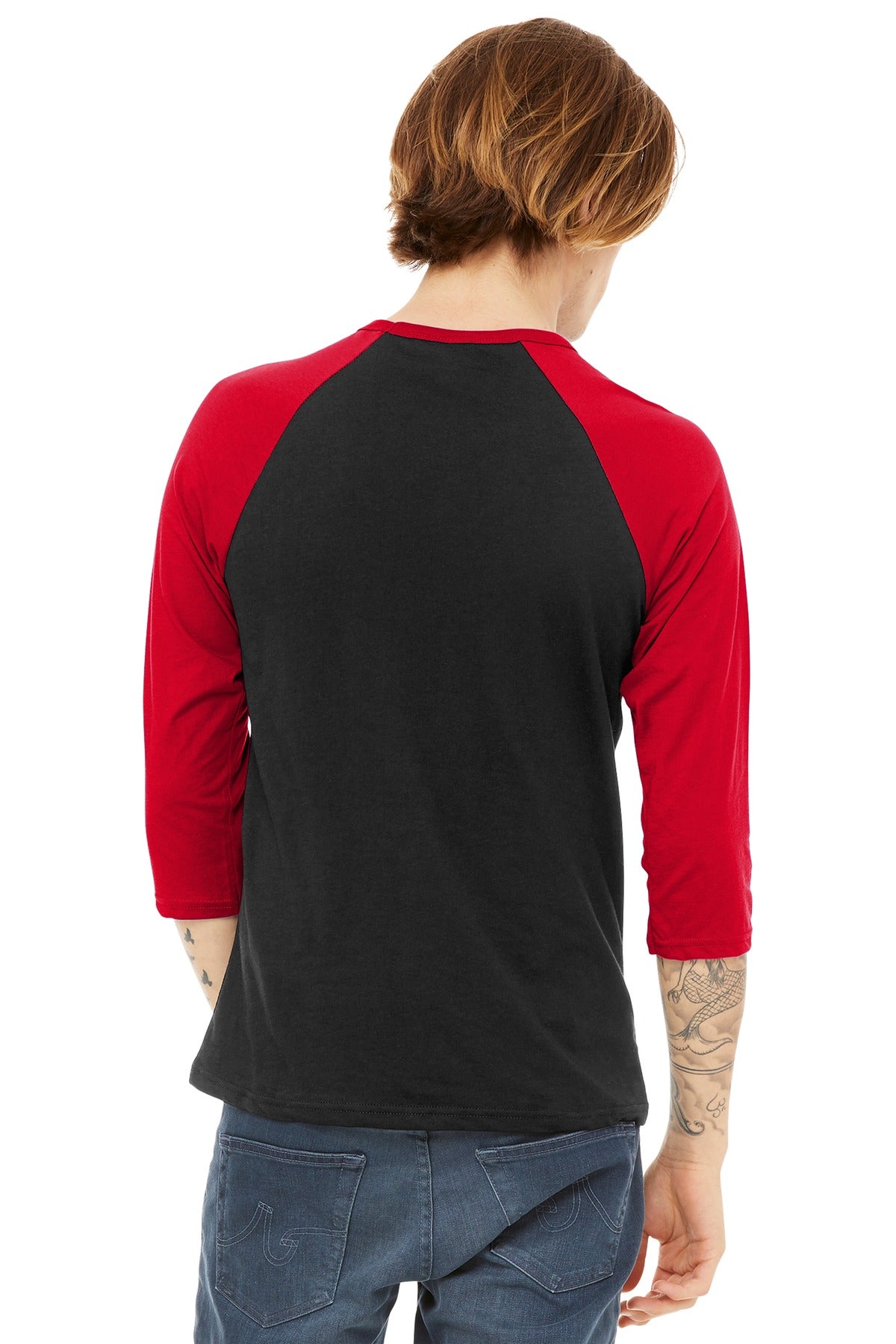 BELLA+CANVAS  Unisex 3/4-Sleeve Baseball Tee. BC3200 Black/ Red