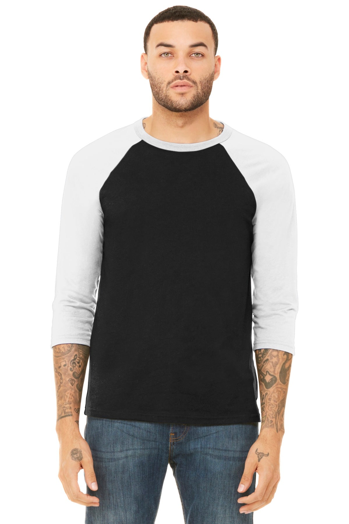 BELLA+CANVAS  Unisex 3/4-Sleeve Baseball Tee. BC3200 Black/ White