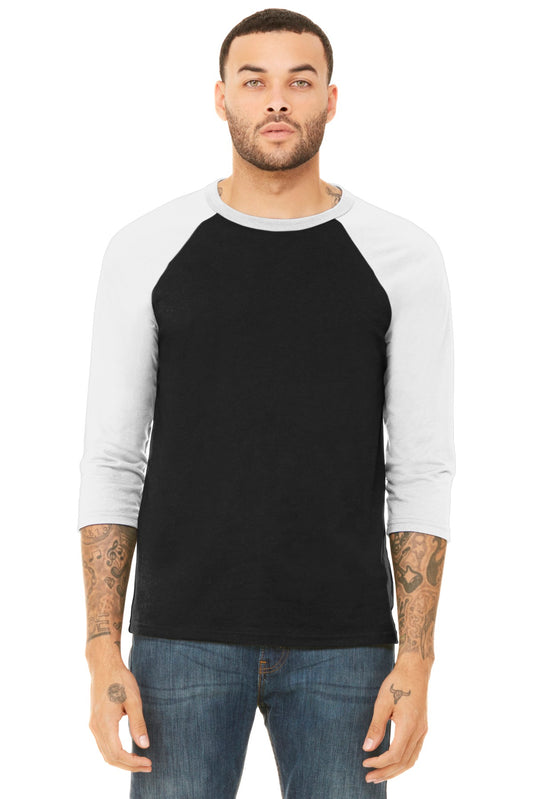 BELLA+CANVAS  Unisex 3/4-Sleeve Baseball Tee. BC3200 Black/ White