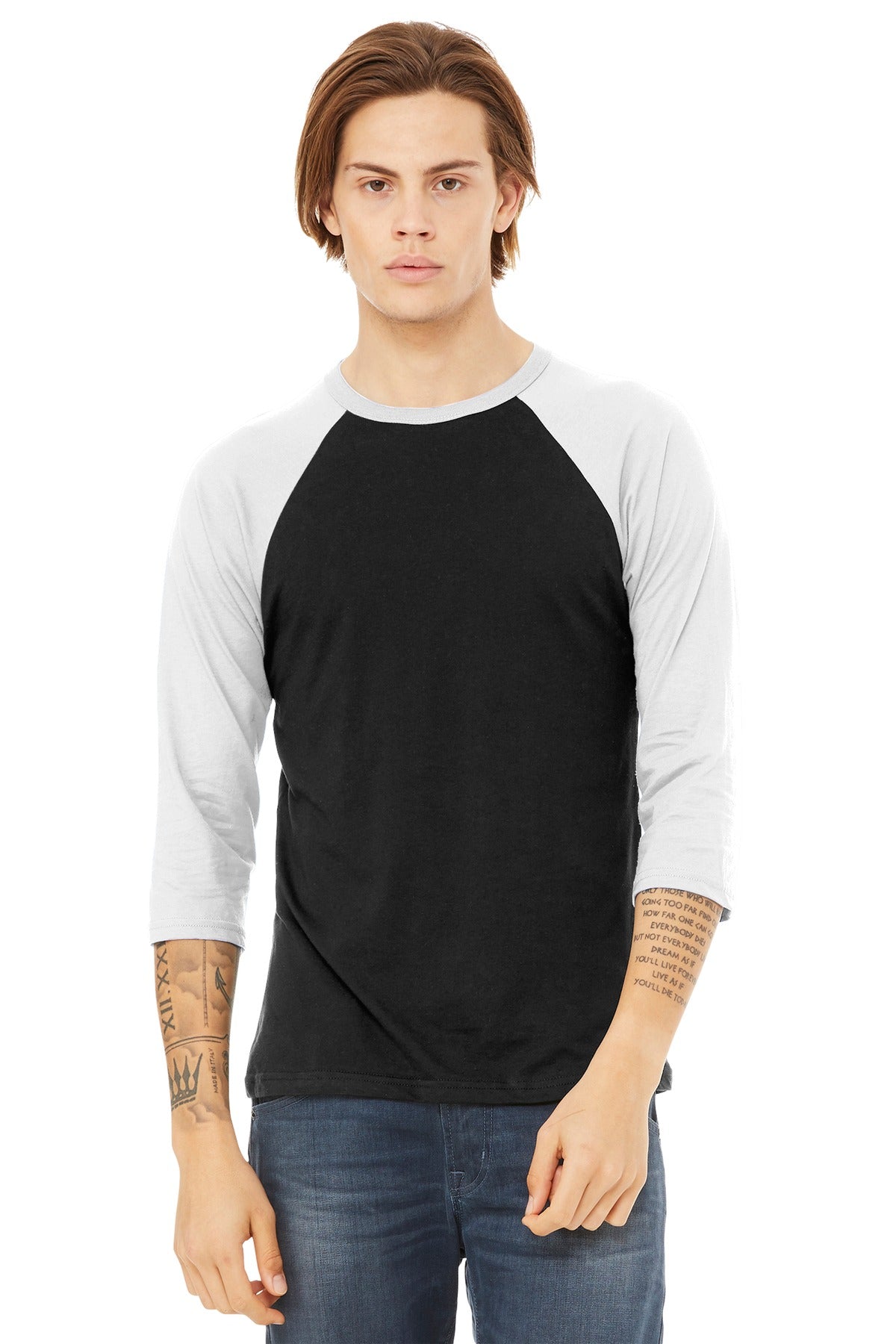 Bella+Canvas Unisex 3/4-Sleeve Baseball Tee BC3200 Black/White