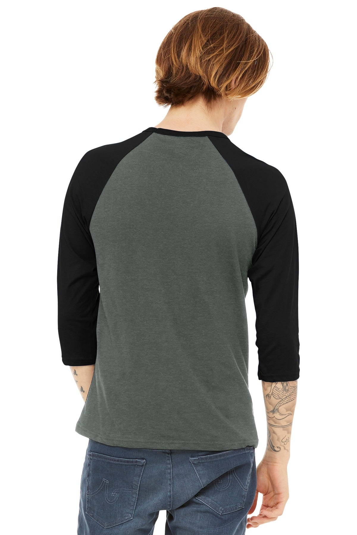 BELLA+CANVAS  Unisex 3/4-Sleeve Baseball Tee. BC3200 Deep Heather/ Black