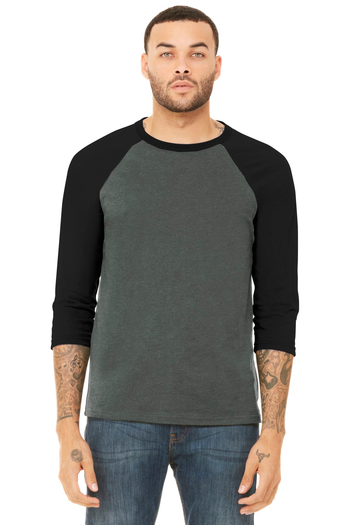 BELLA+CANVAS  Unisex 3/4-Sleeve Baseball Tee. BC3200 Deep Heather/ Black