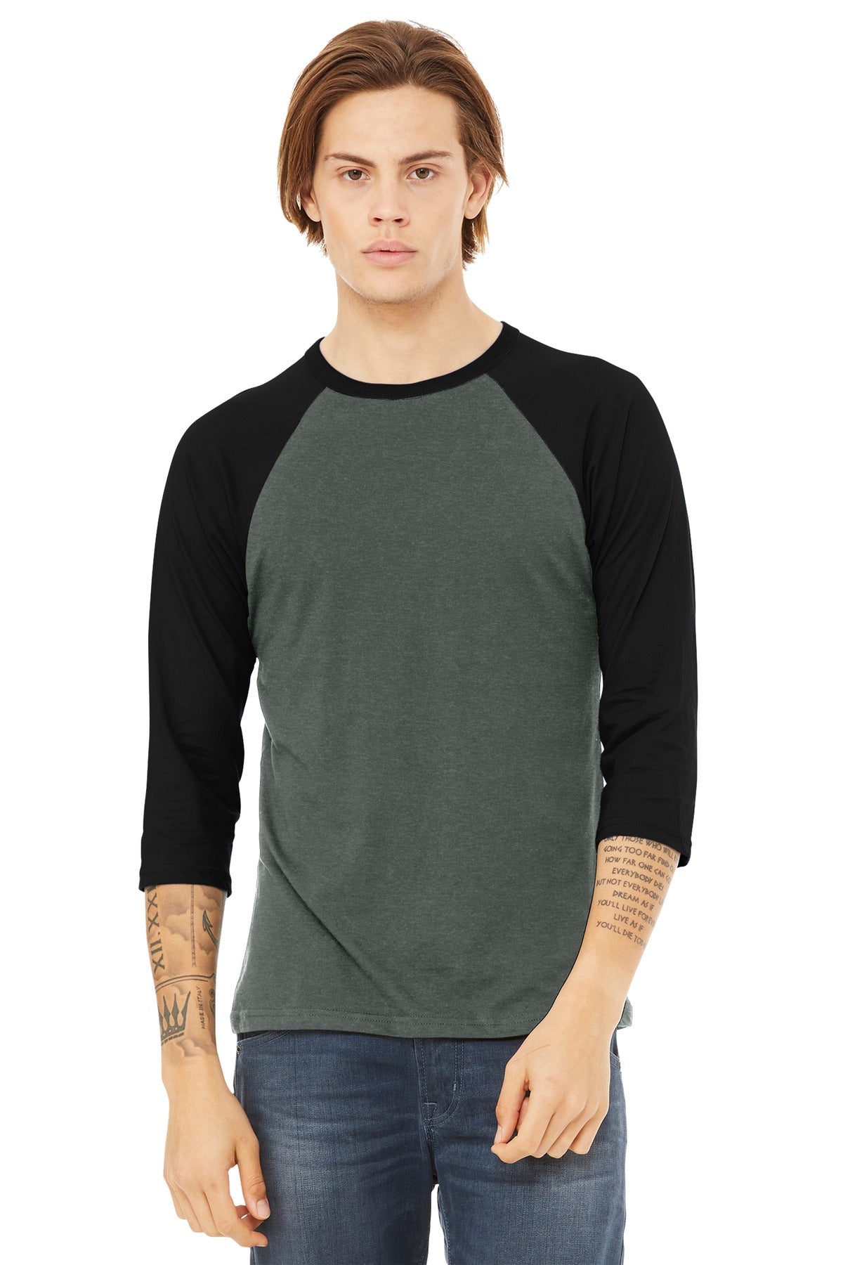 Bella+Canvas Unisex 3/4-Sleeve Baseball Tee BC3200 Deep Heather/Black