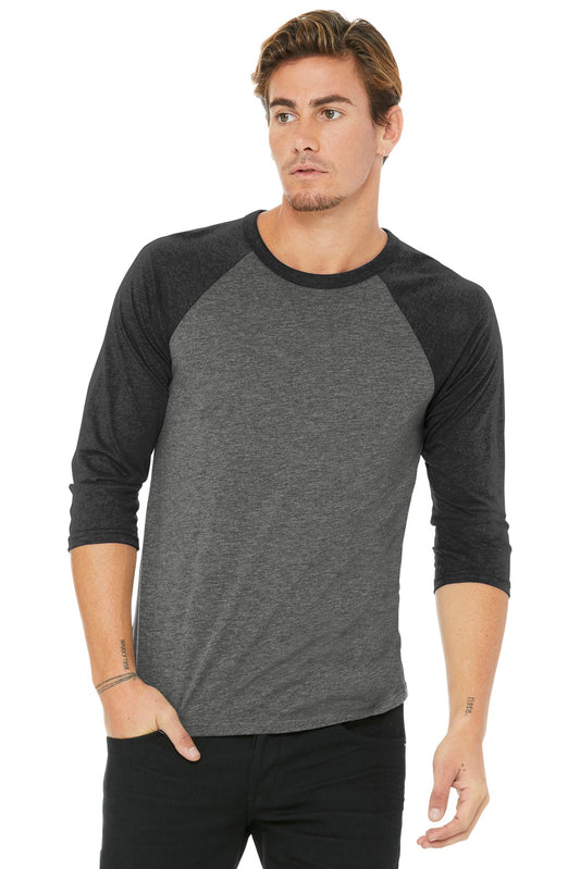 BELLA+CANVAS  Unisex 3/4-Sleeve Baseball Tee. BC3200 Grey/ Charcoal-Black Triblend