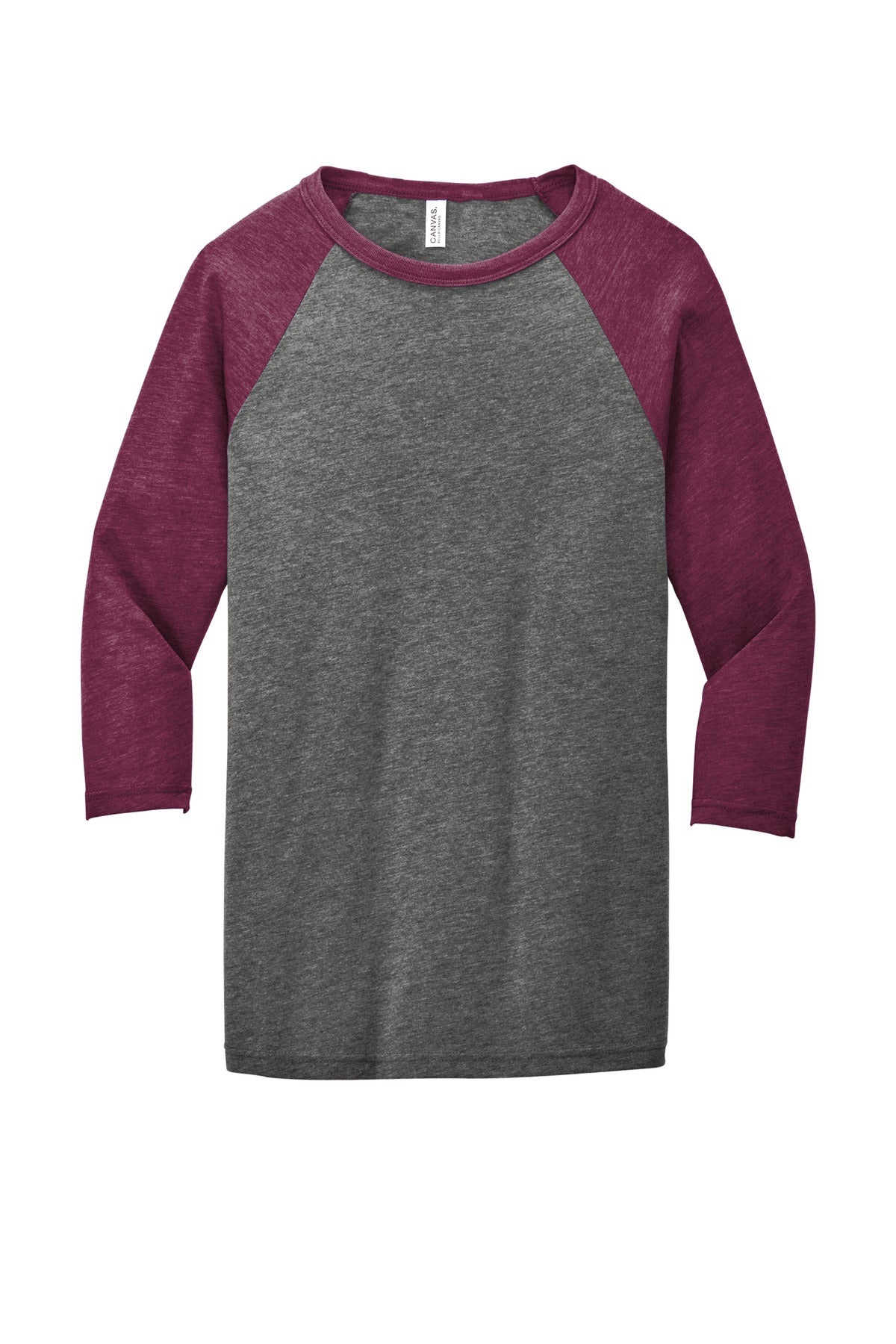 BELLA+CANVAS  Unisex 3/4-Sleeve Baseball Tee. BC3200 Grey/ Maroon Triblend