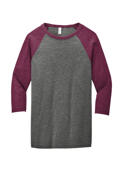 BELLA+CANVAS  Unisex 3/4-Sleeve Baseball Tee. BC3200 Grey/ Maroon Triblend
