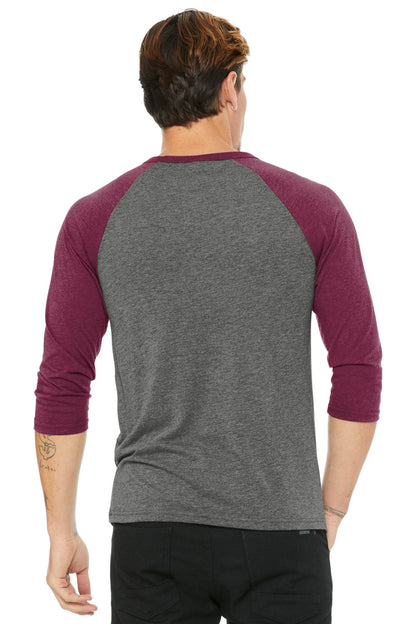 BELLA+CANVAS  Unisex 3/4-Sleeve Baseball Tee. BC3200 Grey/ Maroon Triblend