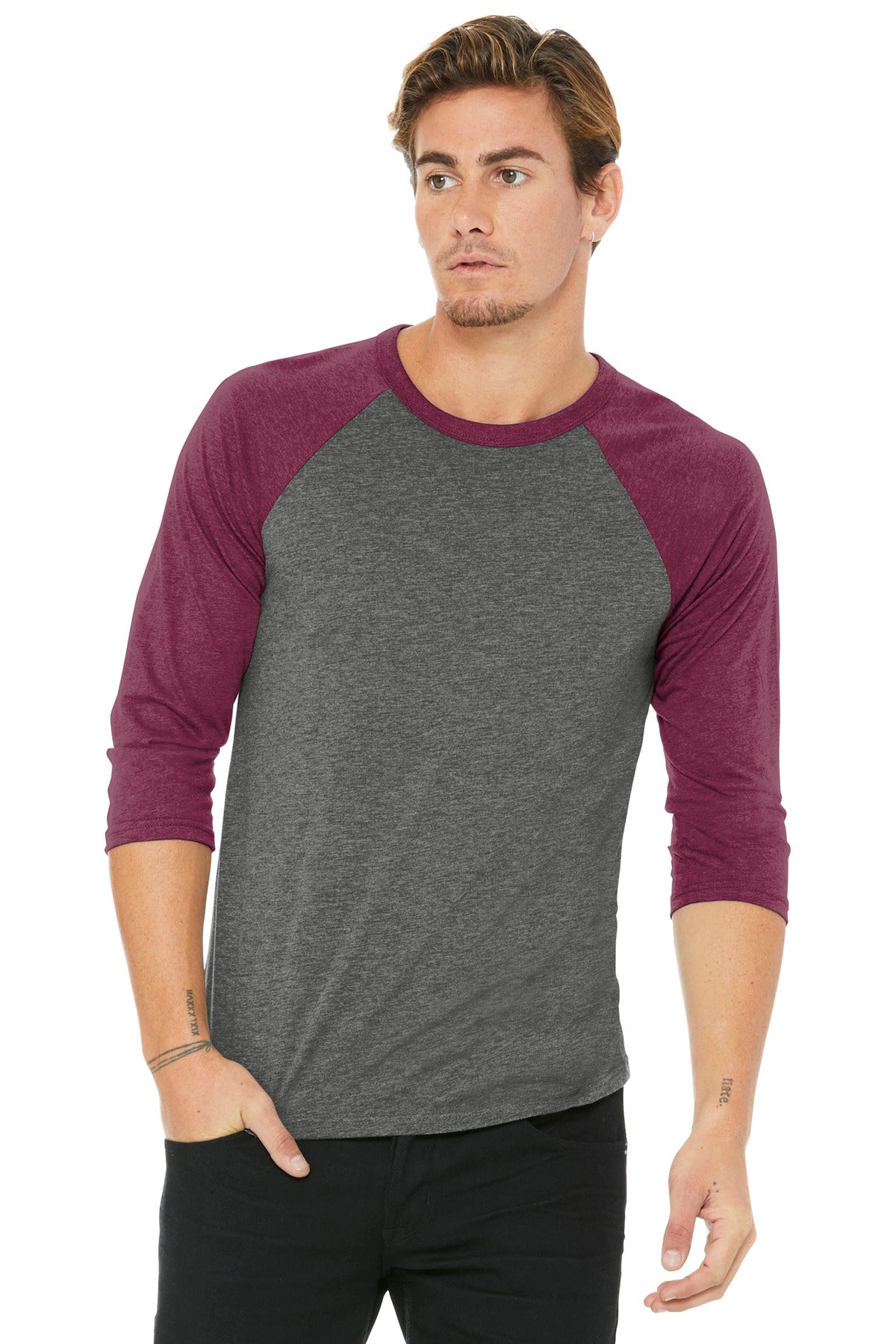 BELLA+CANVAS  Unisex 3/4-Sleeve Baseball Tee. BC3200 Grey/ Maroon Triblend