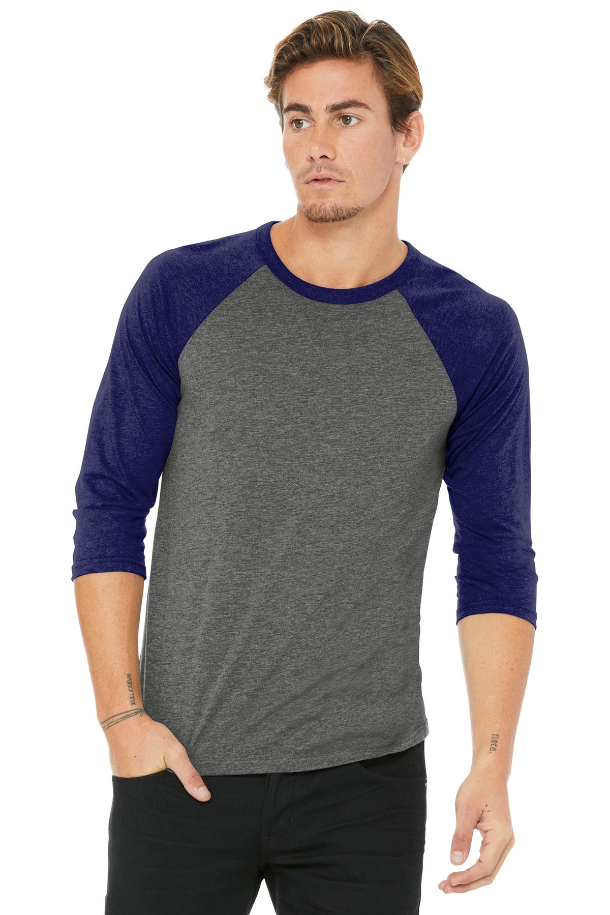 BELLA+CANVAS  Unisex 3/4-Sleeve Baseball Tee. BC3200 Grey/ Navy Triblend