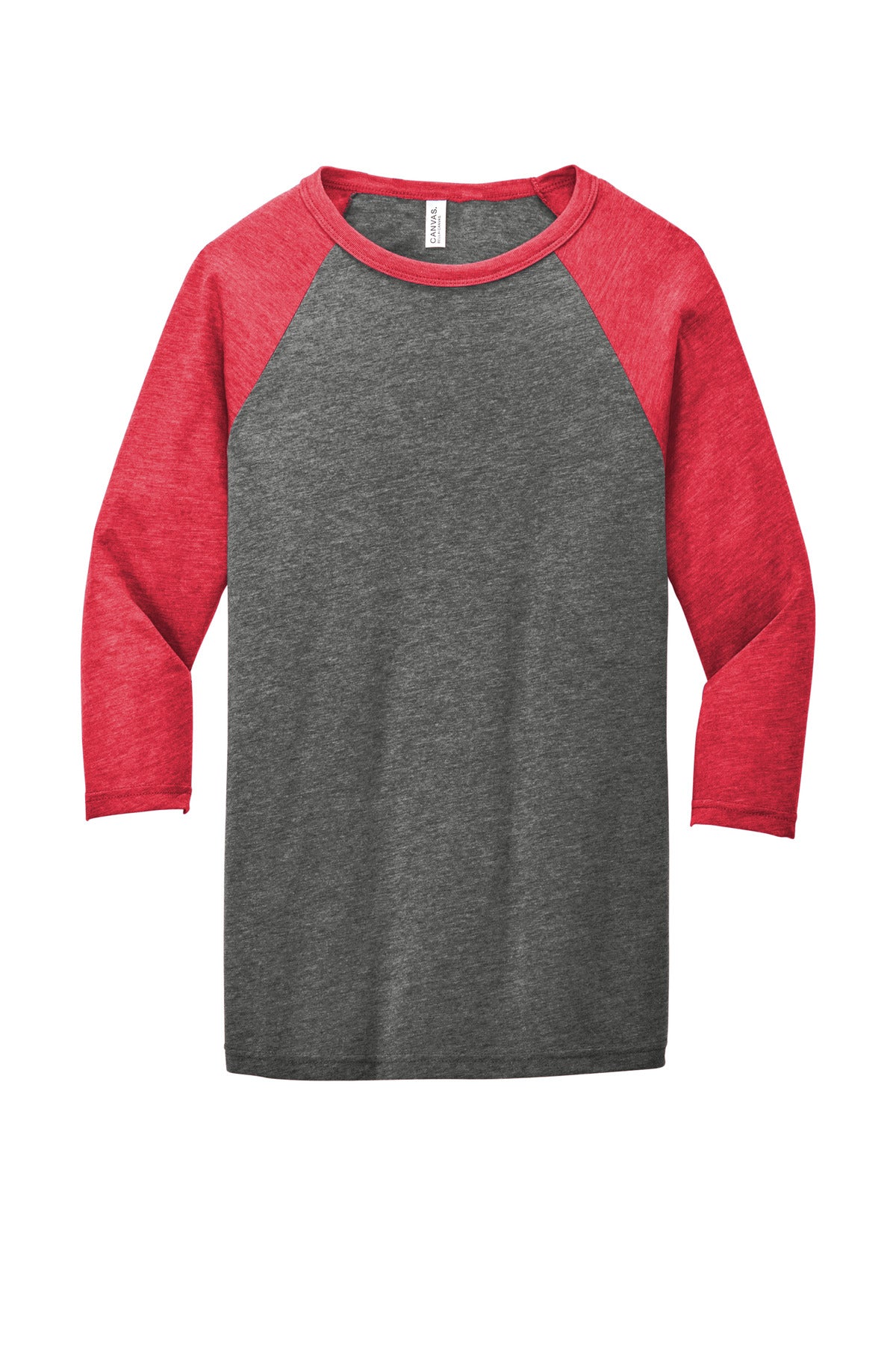 BELLA+CANVAS  Unisex 3/4-Sleeve Baseball Tee. BC3200 Grey/ Red Triblend