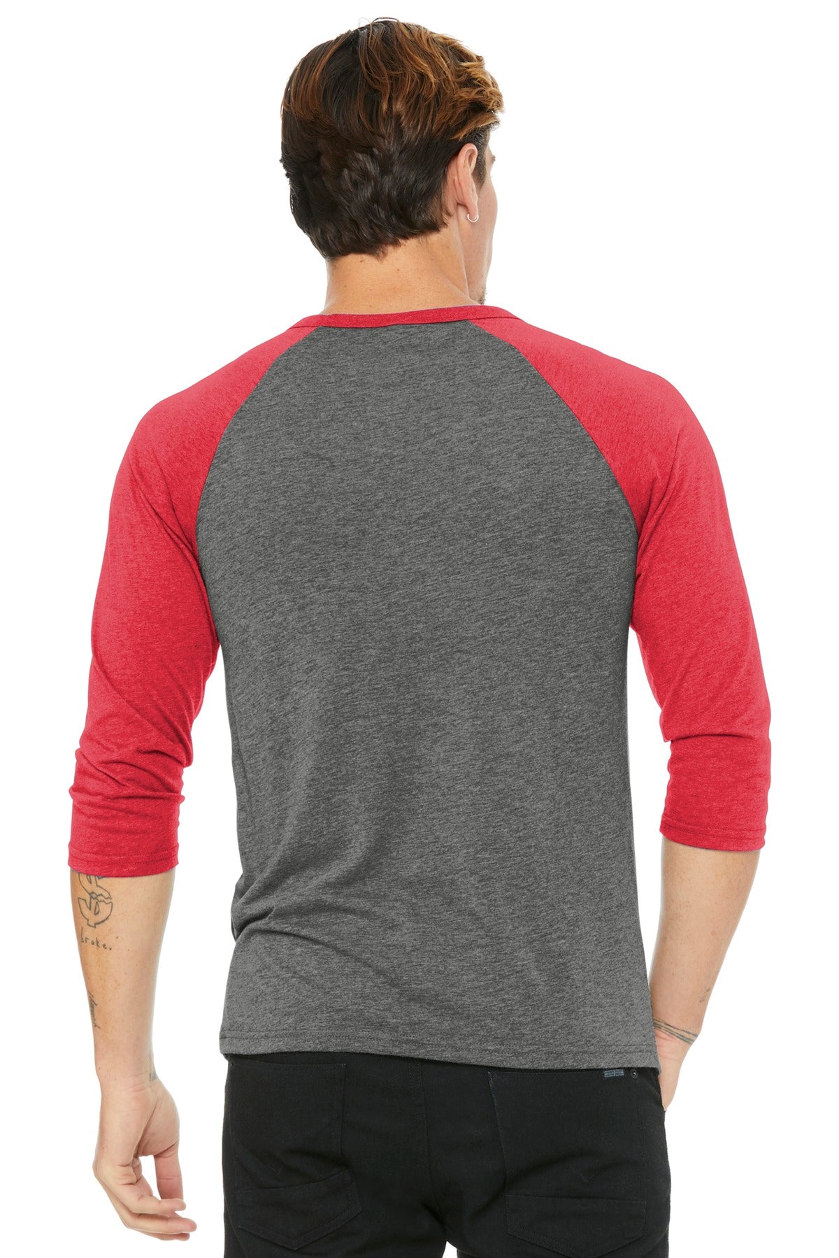 BELLA+CANVAS  Unisex 3/4-Sleeve Baseball Tee. BC3200 Grey/ Red Triblend
