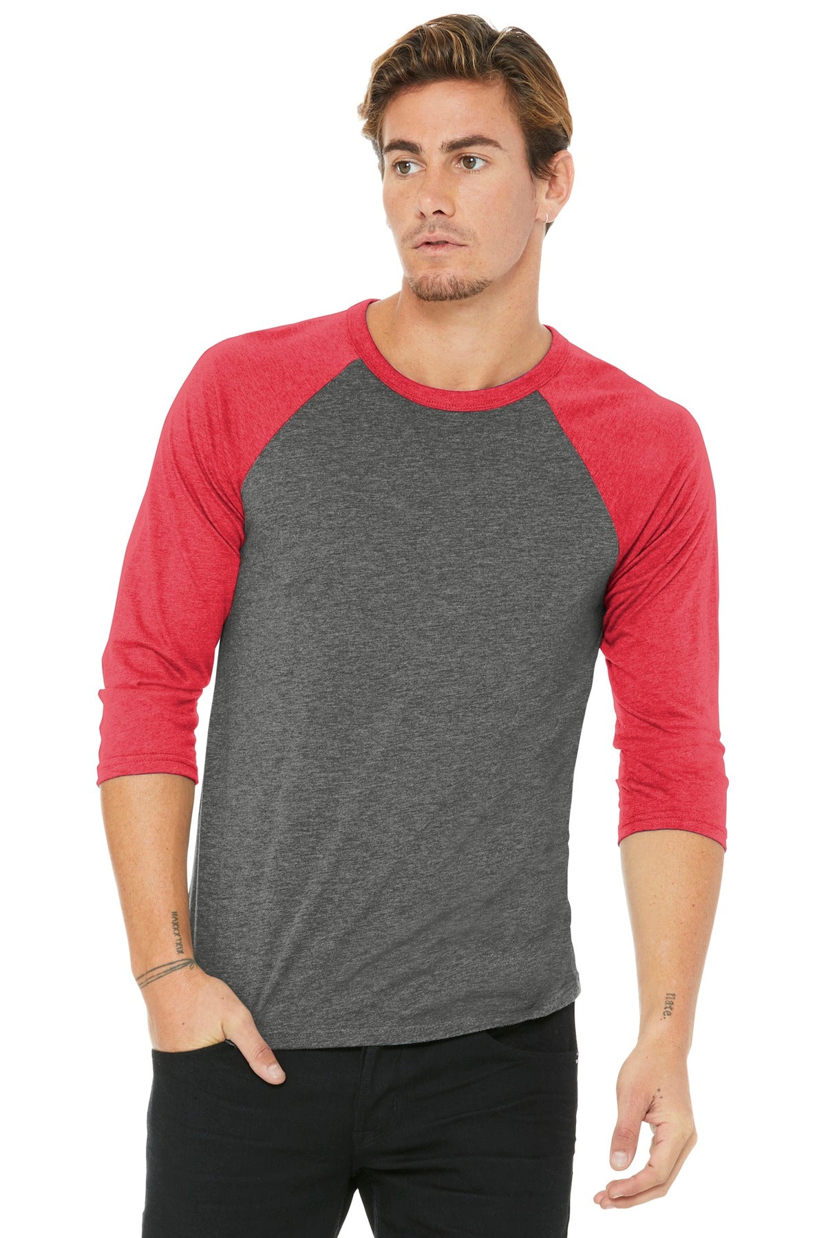 BELLA+CANVAS  Unisex 3/4-Sleeve Baseball Tee. BC3200 Grey/ Red Triblend