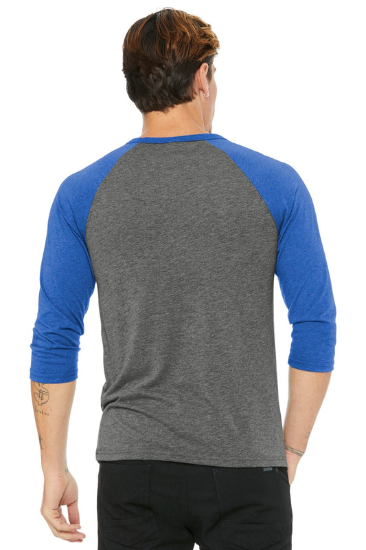 BELLA+CANVAS  Unisex 3/4-Sleeve Baseball Tee. BC3200 Grey/ True Royal Triblend