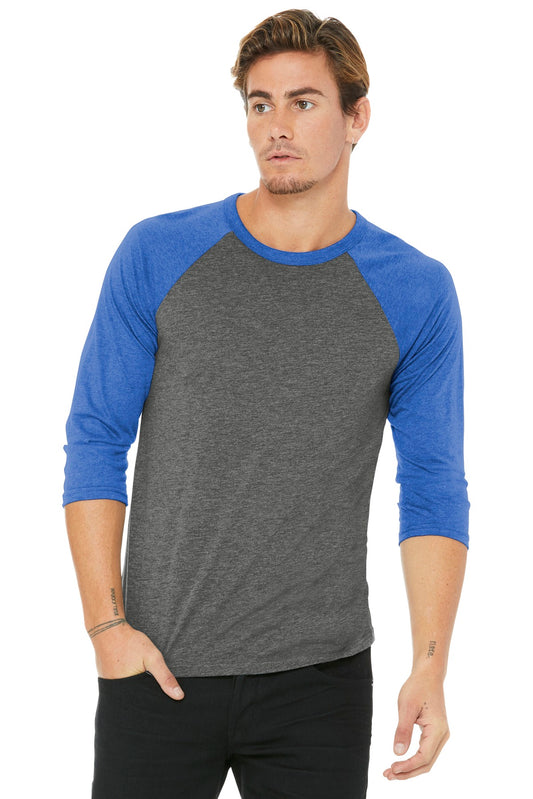 BELLA+CANVAS  Unisex 3/4-Sleeve Baseball Tee. BC3200 Grey/ True Royal Triblend