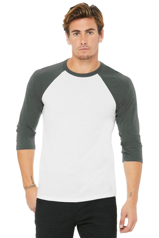 BELLA+CANVAS  Unisex 3/4-Sleeve Baseball Tee. BC3200 White/ Deep Heather