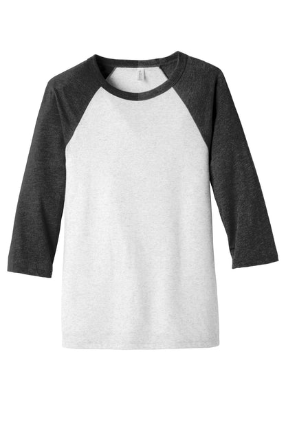 BELLA+CANVAS  Unisex 3/4-Sleeve Baseball Tee. BC3200 White Flk/ Charcoal-BI Triblend