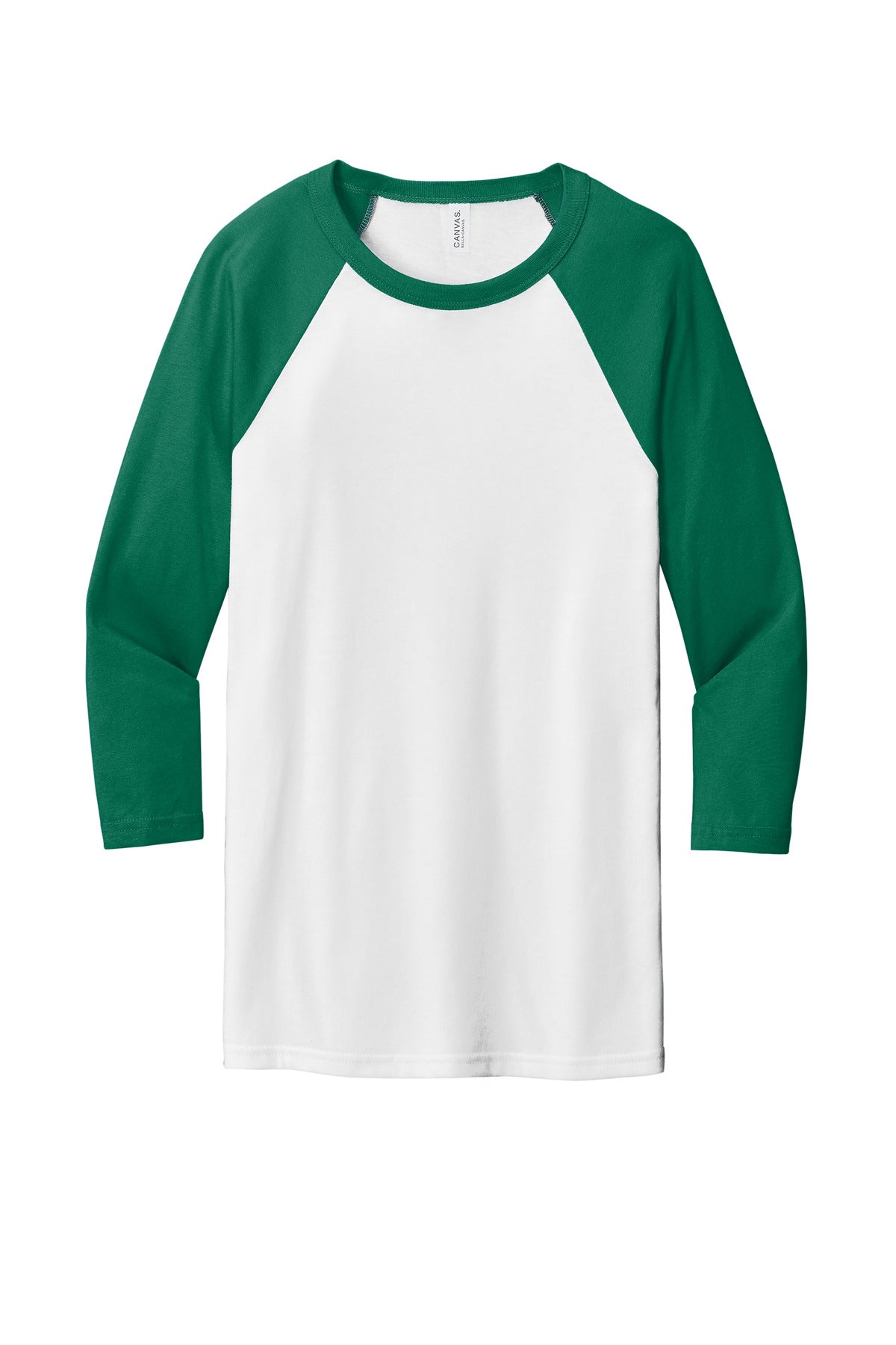BELLA+CANVAS  Unisex 3/4-Sleeve Baseball Tee. BC3200 White/ Kelly
