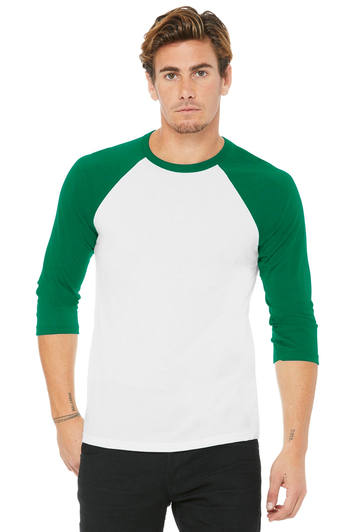 BELLA+CANVAS  Unisex 3/4-Sleeve Baseball Tee. BC3200 White/ Kelly
